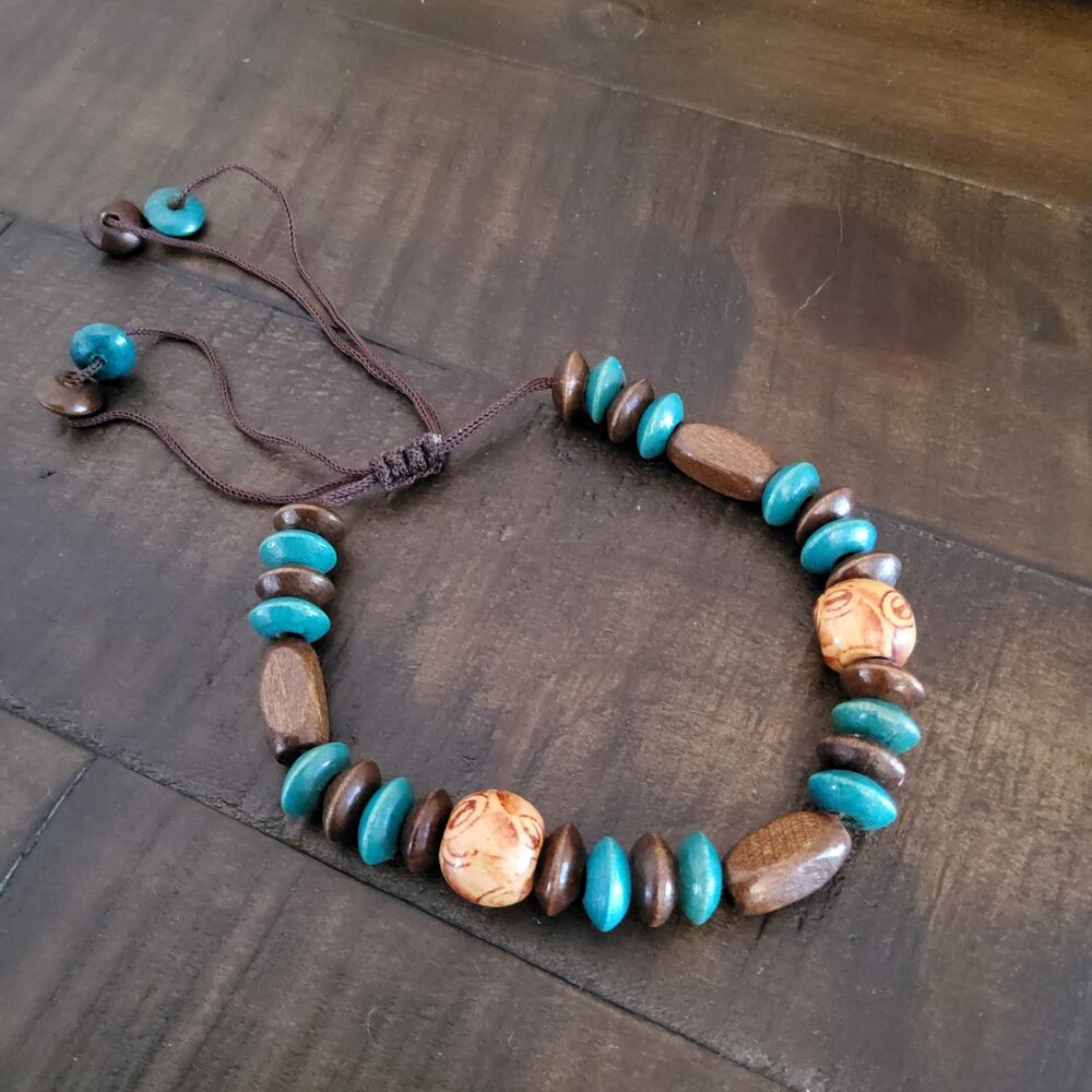 Wooden Bead Stacked Slide Bracelet Brown Turquoise